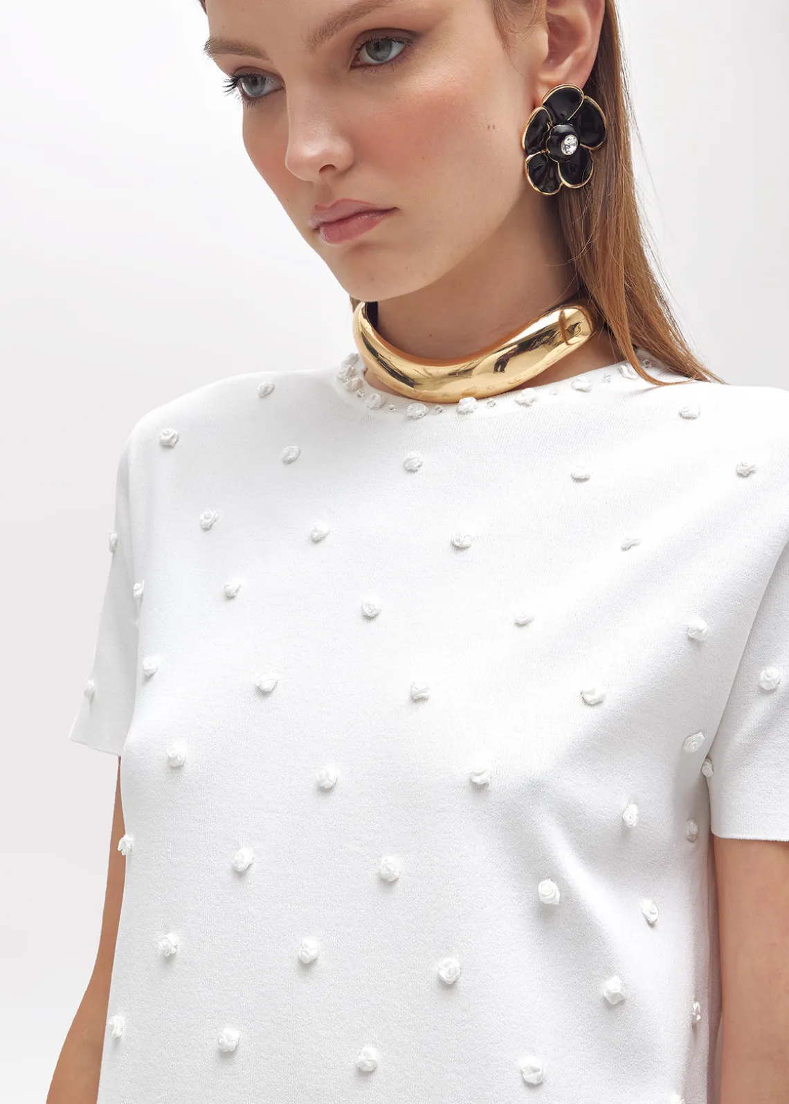 KNIT DRESS WITH ROSE EMBROIDERY AND CORAL BEAD DETAILS