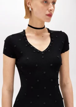 KNIT DRESS WITH ROSE EMBROIDERY AND CORAL BEAD DETAILS