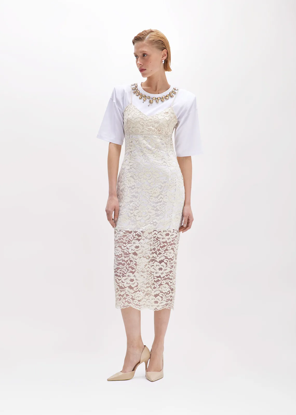 LACE DRESS AND T-SHIRT IN JERSEY WITH EMBROIDERY