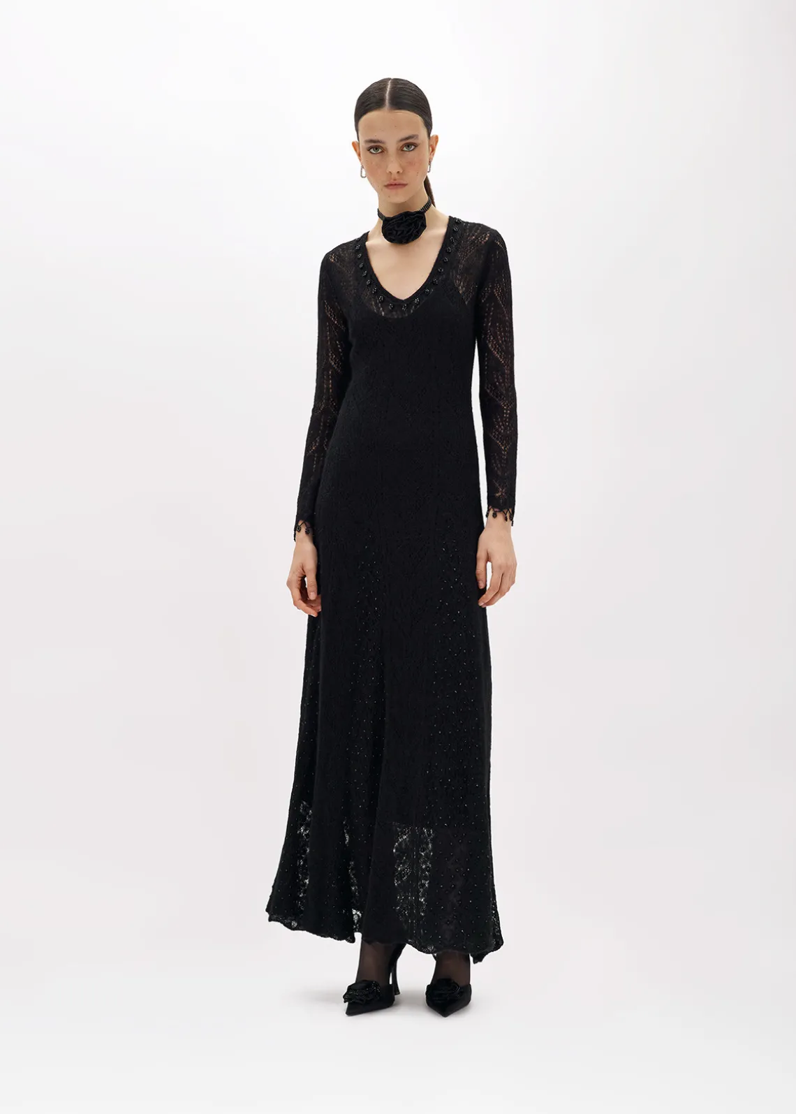 LACE STITCH LONG DRESS WITH EMBROIDERY