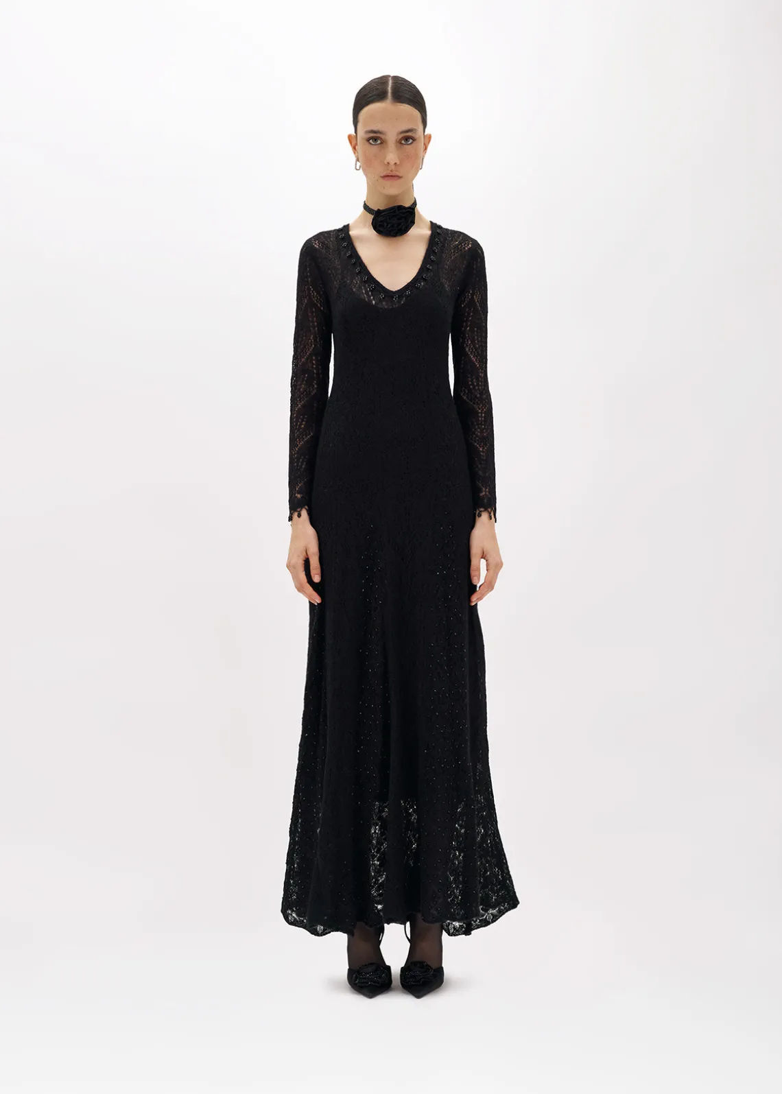 LACE STITCH LONG DRESS WITH EMBROIDERY
