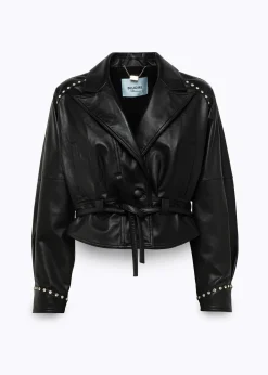 LEATHER JACKET WITH ROSE EMBROIDERY AND RIVETS