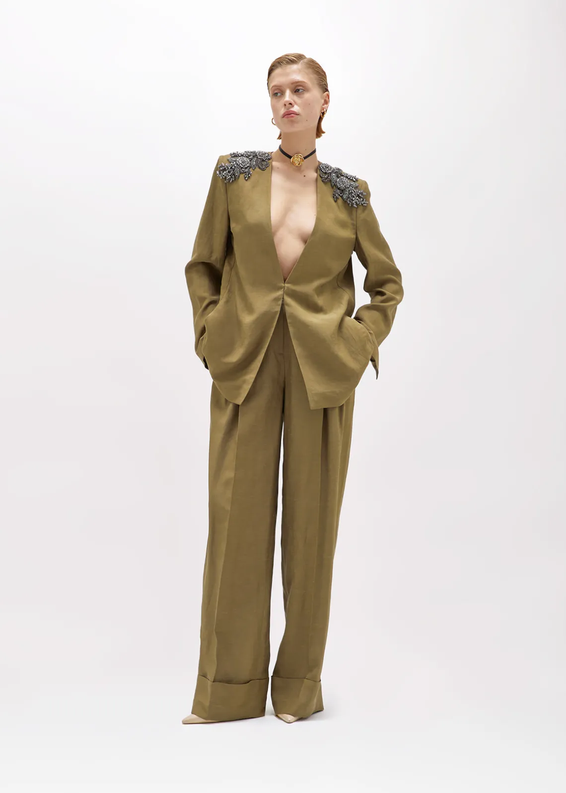 LINEN BLEND OVERSIZED BLAZER JACKET WITH PATCH