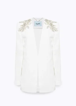 LINEN BLEND OVERSIZED BLAZER JACKET WITH PATCH
