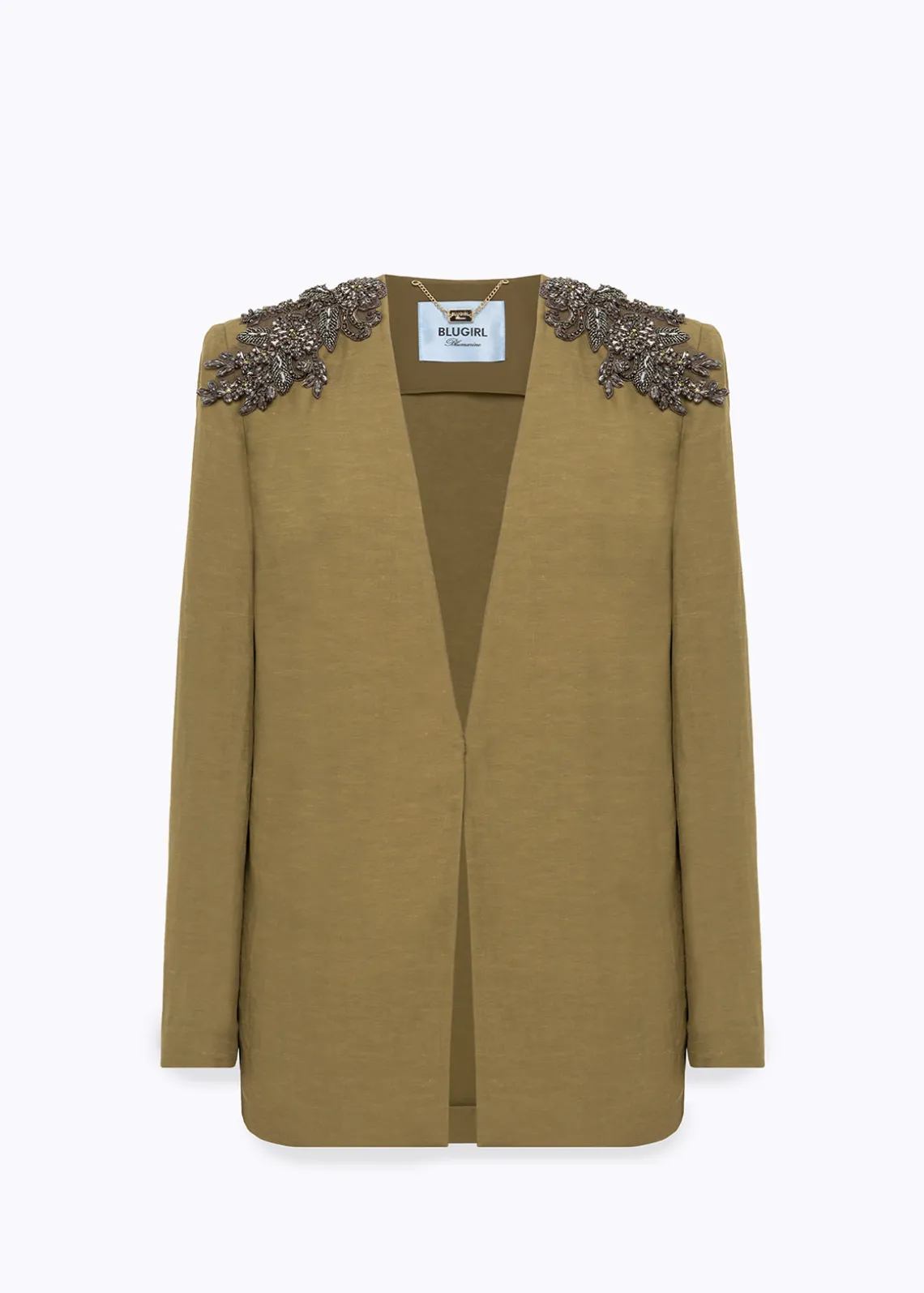 LINEN BLEND OVERSIZED BLAZER JACKET WITH PATCH