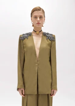 LINEN BLEND OVERSIZED BLAZER JACKET WITH PATCH