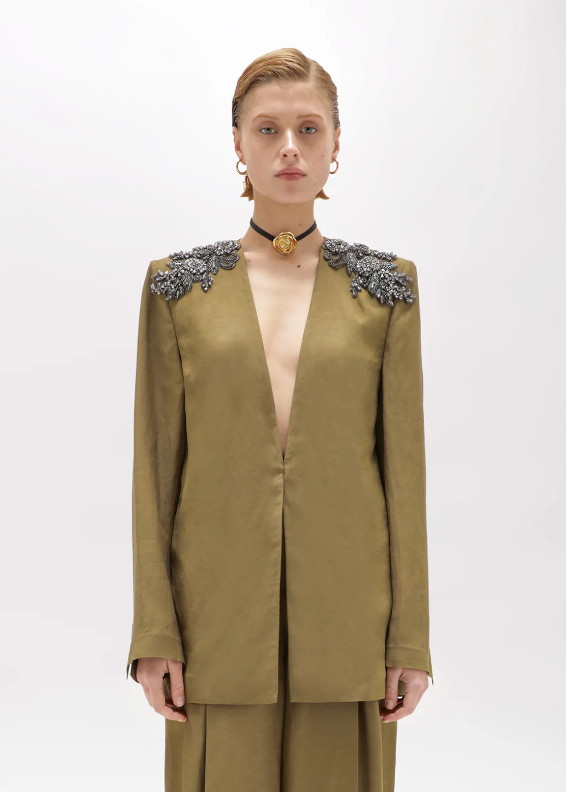 LINEN BLEND OVERSIZED BLAZER JACKET WITH PATCH