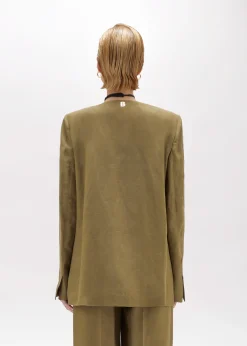 LINEN BLEND OVERSIZED BLAZER JACKET WITH PATCH