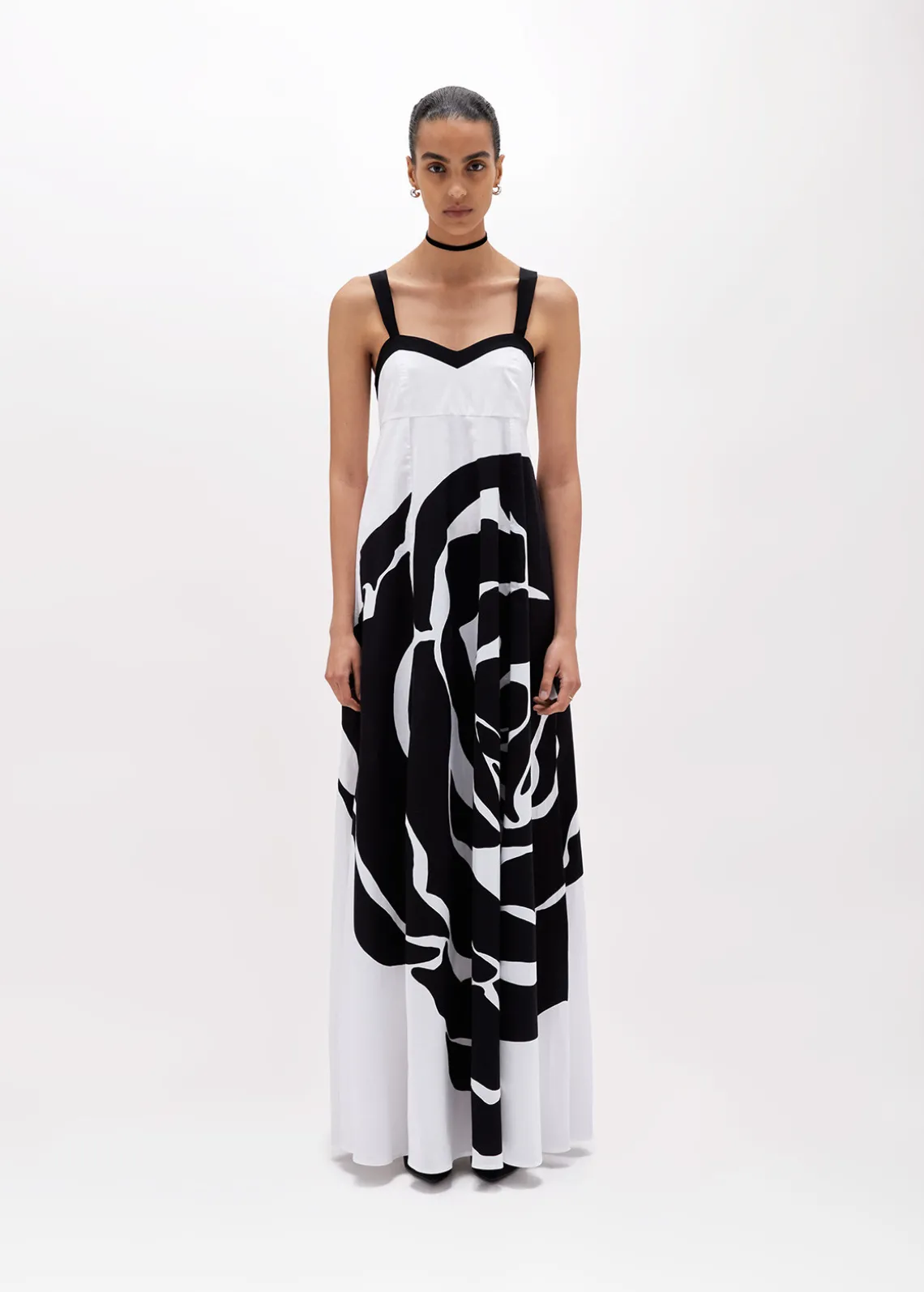 LONG POPLIN DRESS WITH ROSE DECORATION