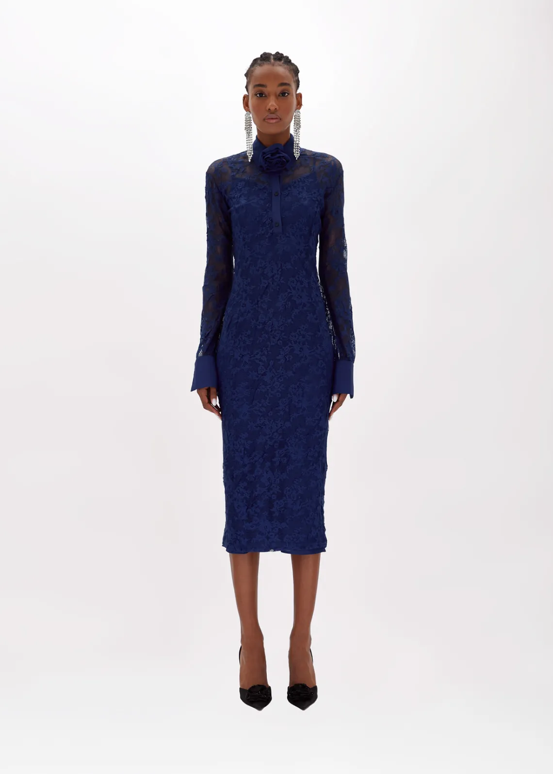 Longuette dress in stretch lace