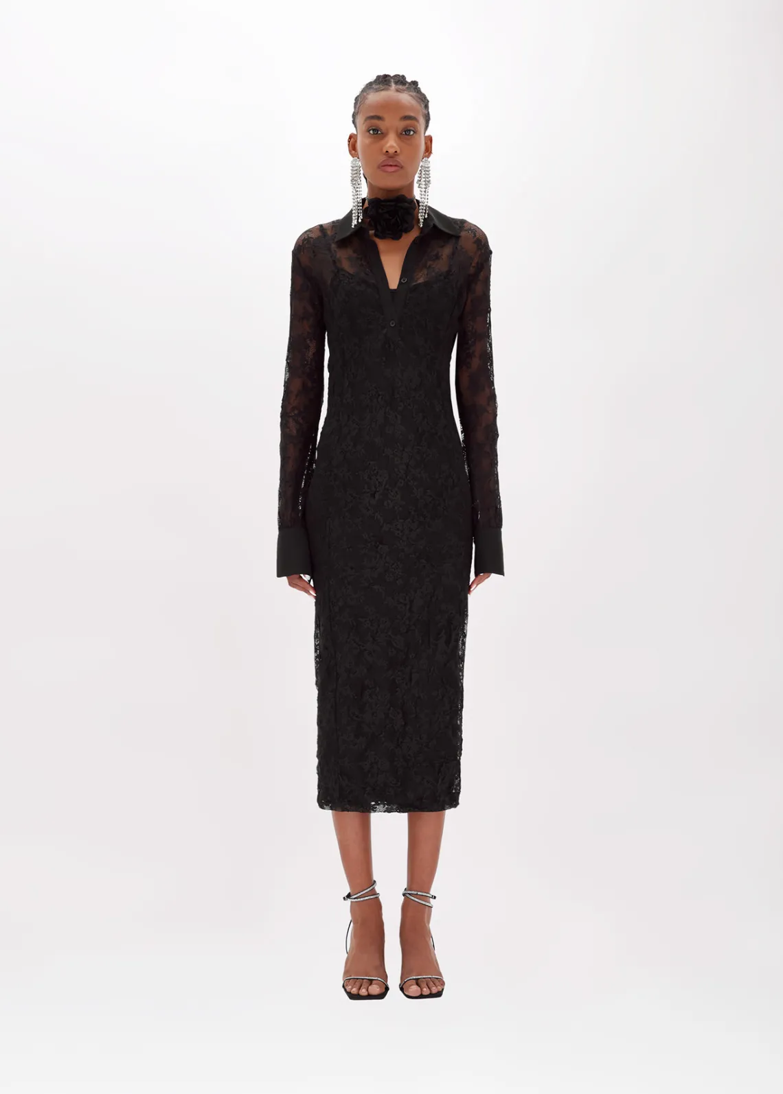 Longuette dress in stretch lace
