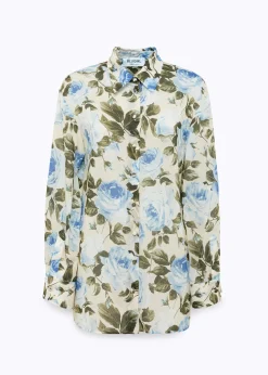 OVERSIZED RUFFLED SHIRT IN SILK WITH ROSE PRINT