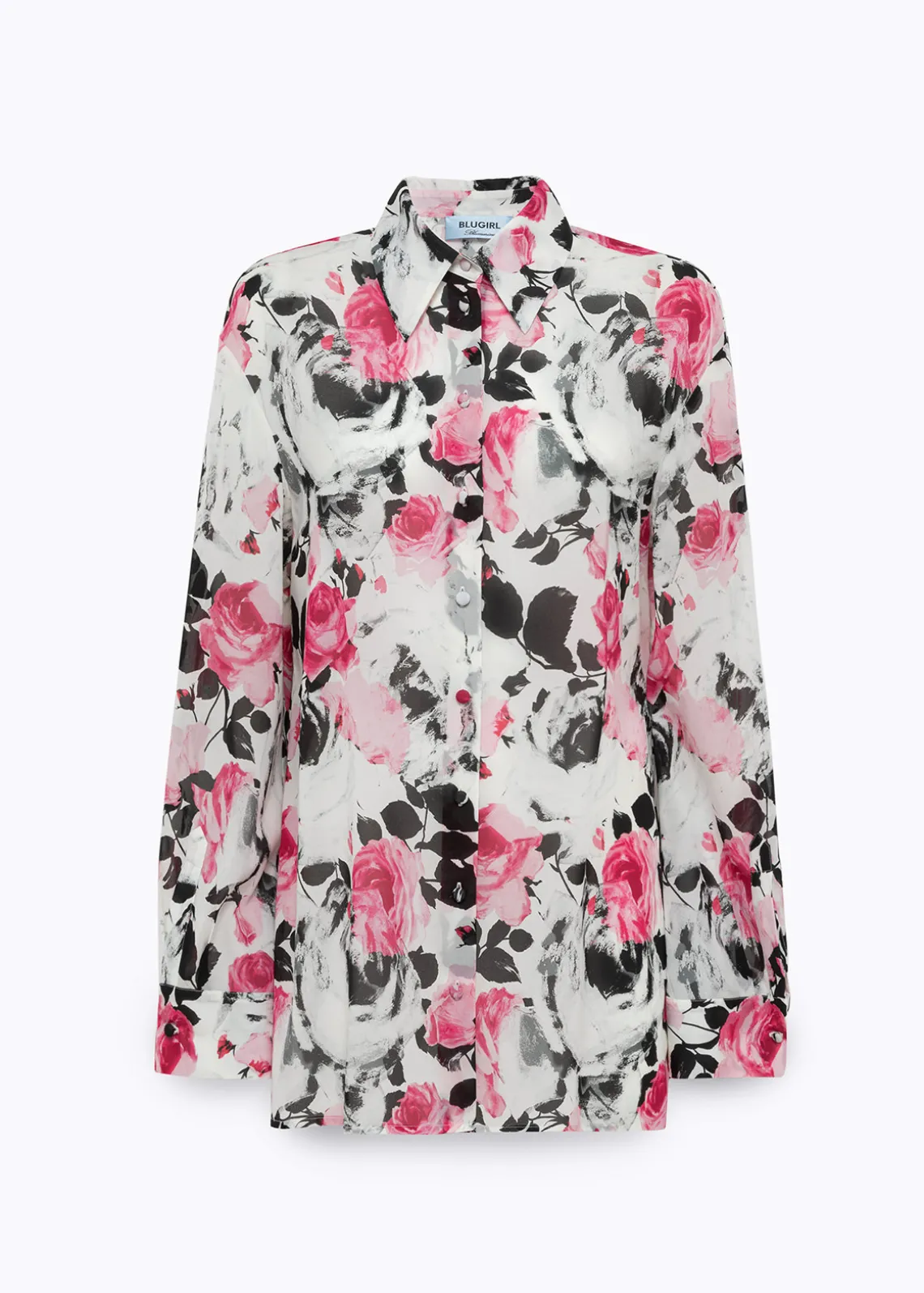 OVERSIZED RUFFLED SHIRT IN SILK WITH ROSE PRINT