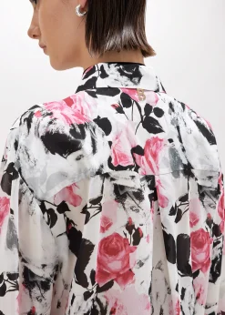 OVERSIZED RUFFLED SHIRT IN SILK WITH ROSE PRINT