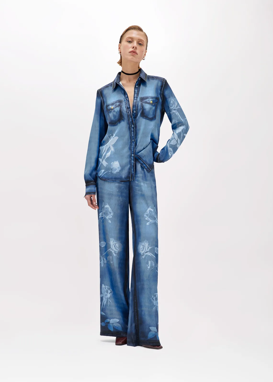 PALAZZO PANTS IN DENIM EFFECT SATIN