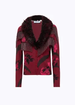 PRINTED CARDIGAN WITH COLLAR IN FAUX FUR