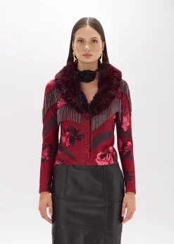 PRINTED CARDIGAN WITH COLLAR IN FAUX FUR