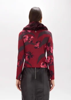 PRINTED CARDIGAN WITH COLLAR IN FAUX FUR