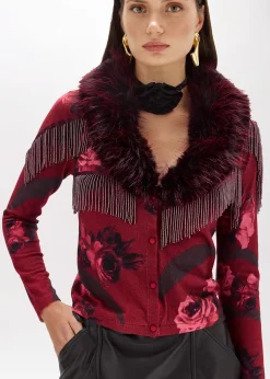 PRINTED CARDIGAN WITH COLLAR IN FAUX FUR