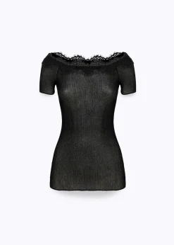 RIBBED COTTON SWEATER WITH LACE TRIM