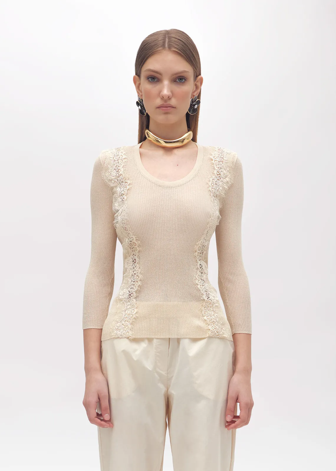RIBBED SWEATER WITH LACE TRIM