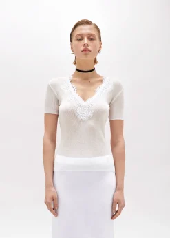 RIBBED SWEATER WITH LACE TRIM