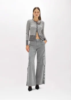 STRIPED CARDIGAN WITH ROSE BROOCH