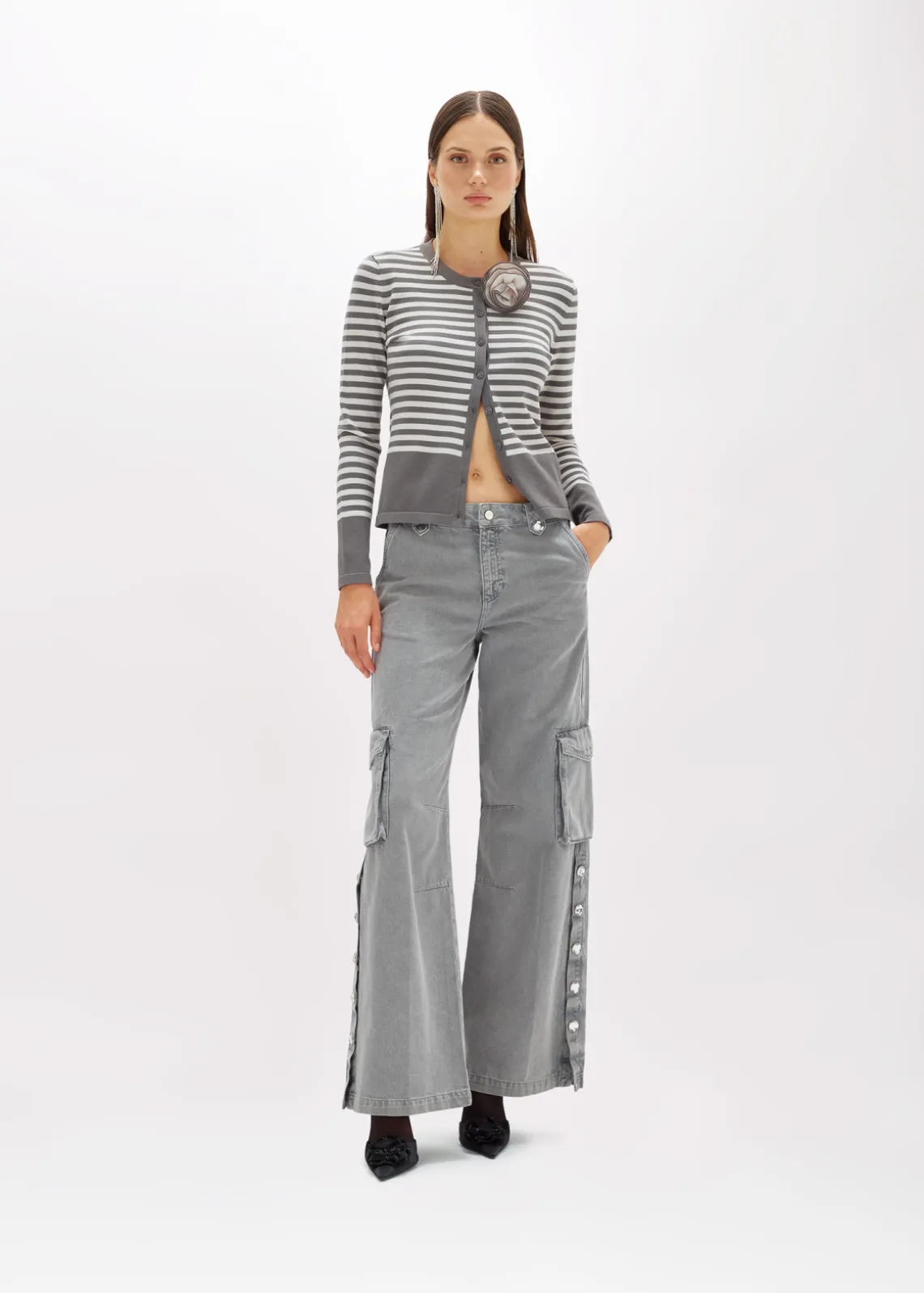 STRIPED CARDIGAN WITH ROSE BROOCH