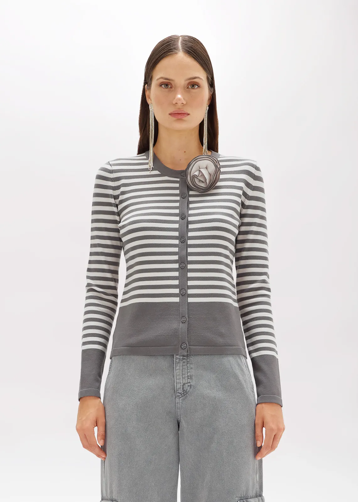 STRIPED CARDIGAN WITH ROSE BROOCH