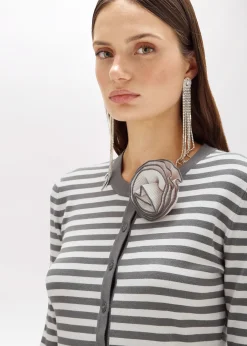 STRIPED CARDIGAN WITH ROSE BROOCH