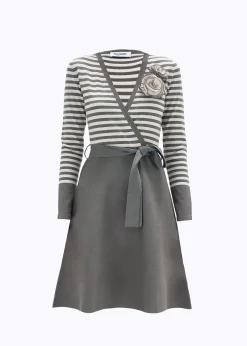 STRIPED DRESS WITH ROSE BROOCH
