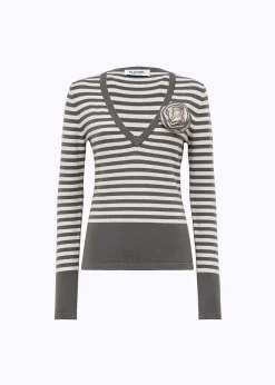 STRIPED SWEATER WITH ROSE BROOCH