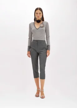 STRIPED SWEATER WITH ROSE BROOCH