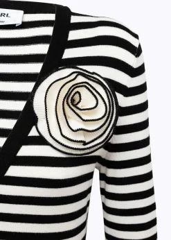 STRIPED SWEATER WITH ROSE BROOCH