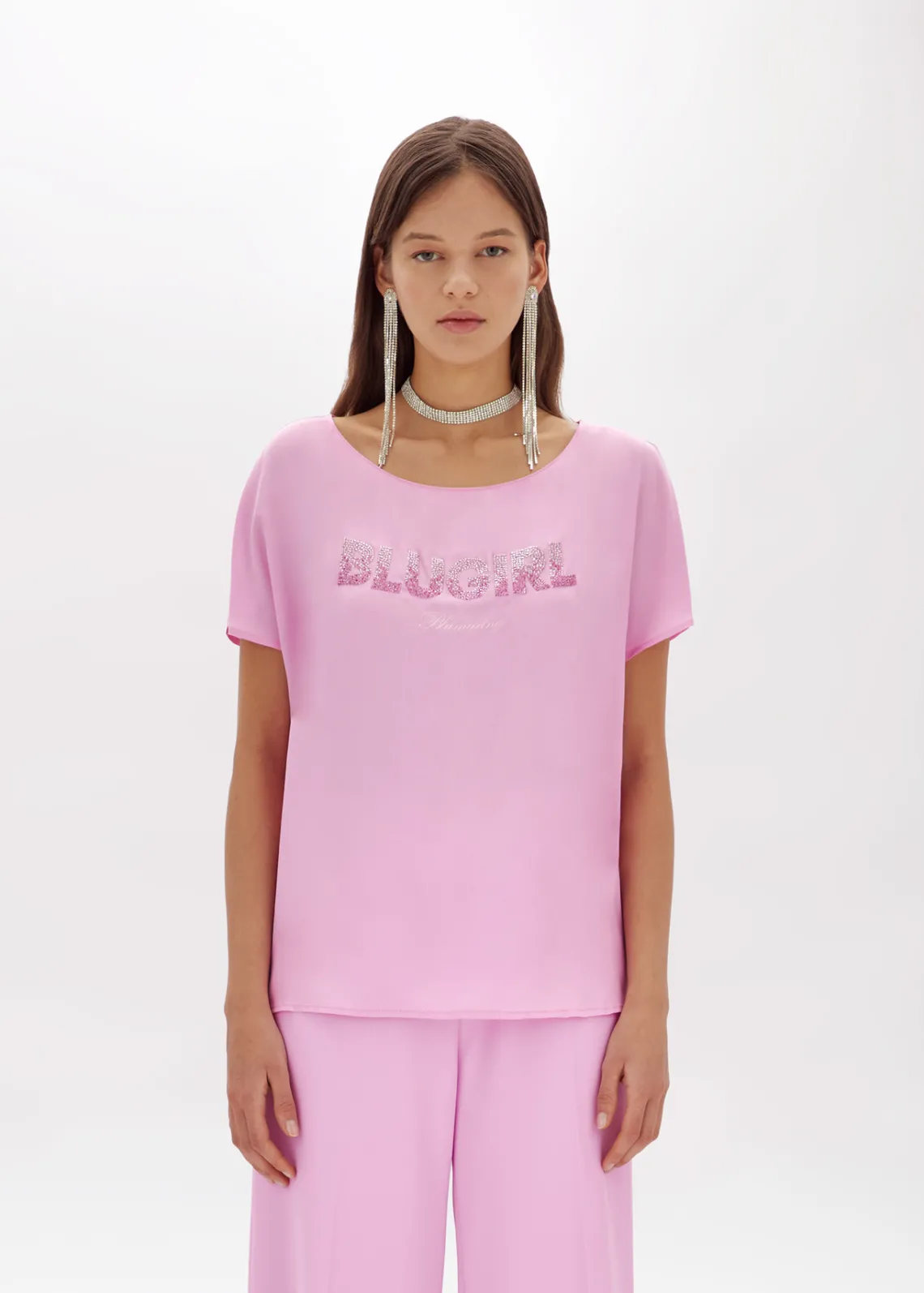T-shirt in crêpe de Chine with logo and studs