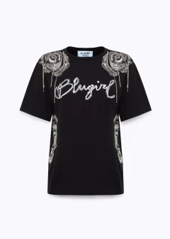 T-SHIRT WITH LOGO AND EMBROIDERY ROSES