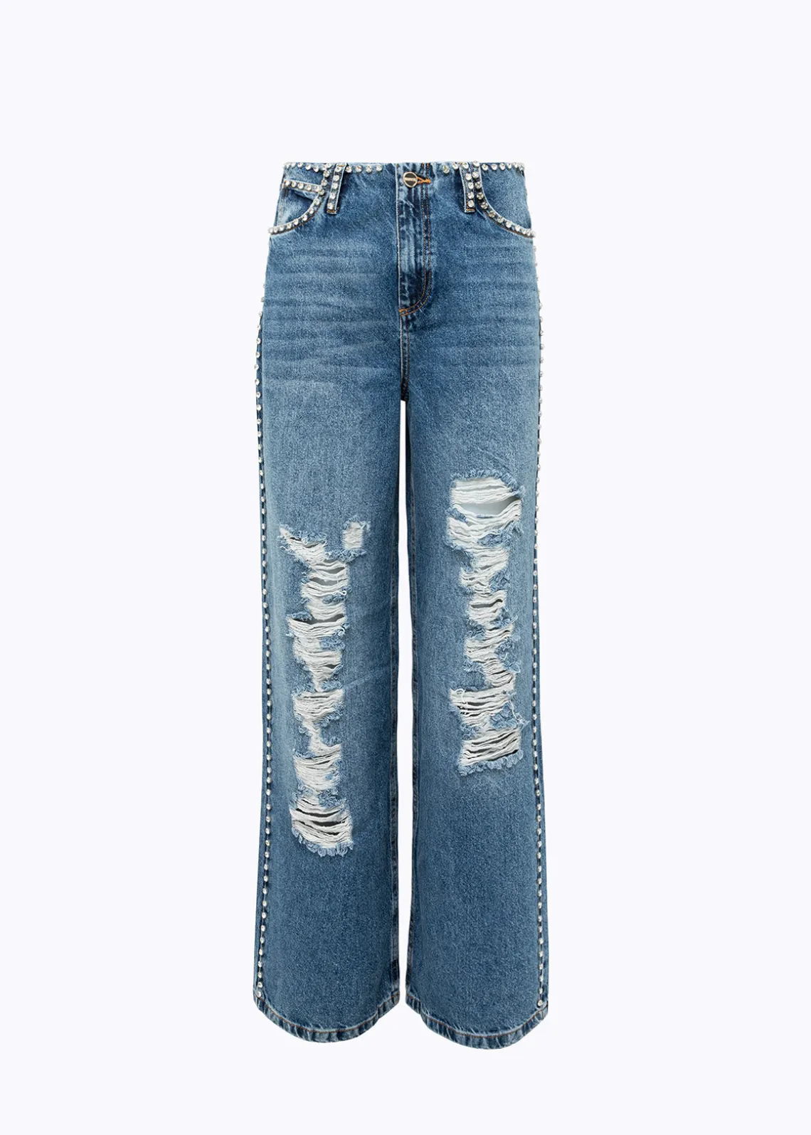 WIDE LEG JEANS WITH RHINESTONE RIVETS